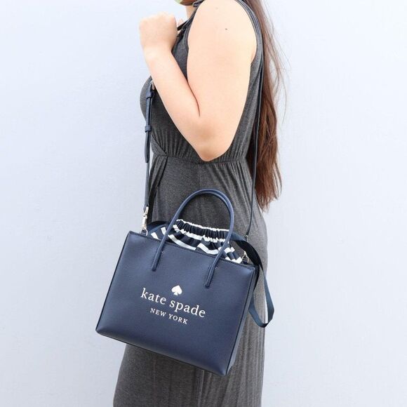 NWT Kate Spade TRISTA Leather Sam Bag Tote w Bow Tie Navy - Picture 12 of 14